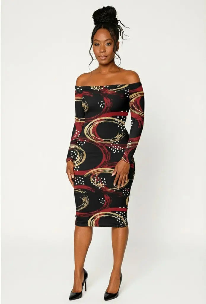 The Valentina Bardot in Gilded Ember" Bodycon Dress Urban Era Customs