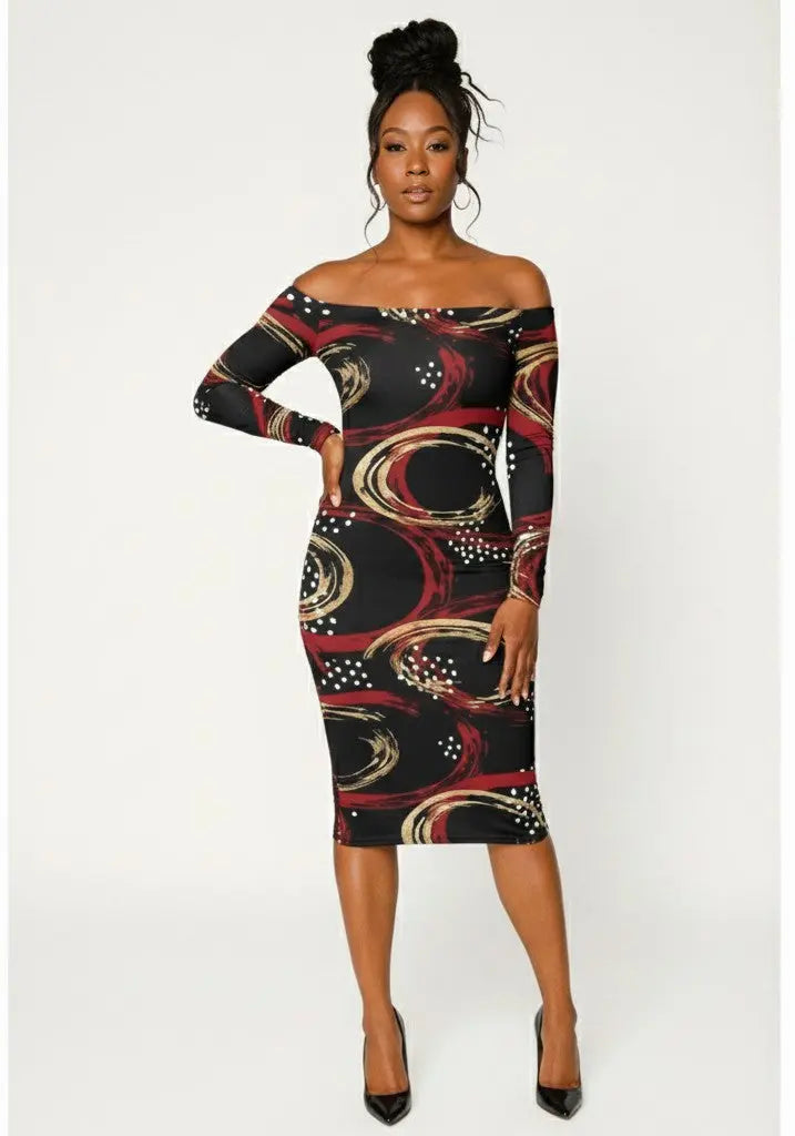The Valentina Bardot in Gilded Ember" Bodycon Dress Urban Era Customs
