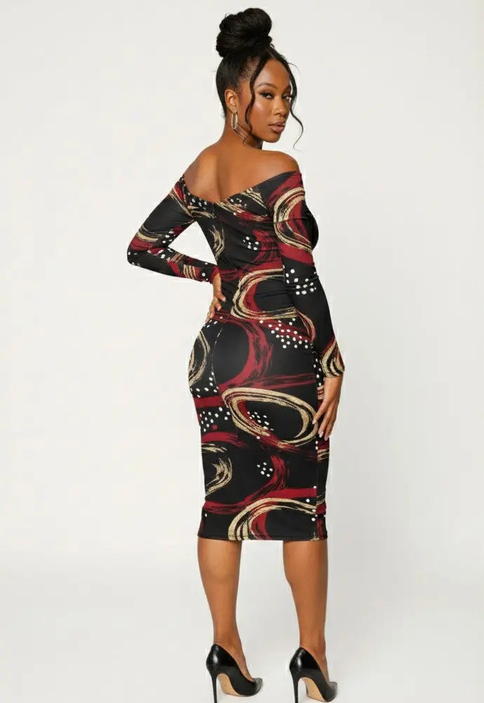 The Valentina Bardot in Gilded Ember" Bodycon Dress Urban Era Customs
