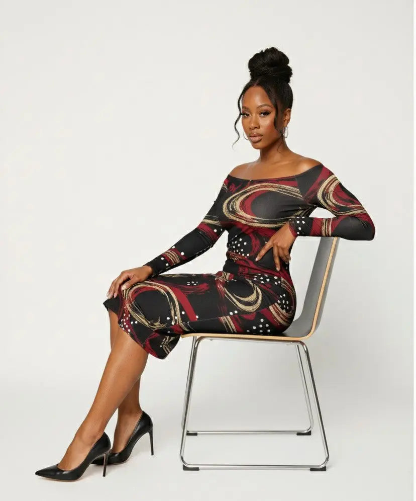 The Valentina Bardot in Gilded Ember" Bodycon Dress Urban Era Customs