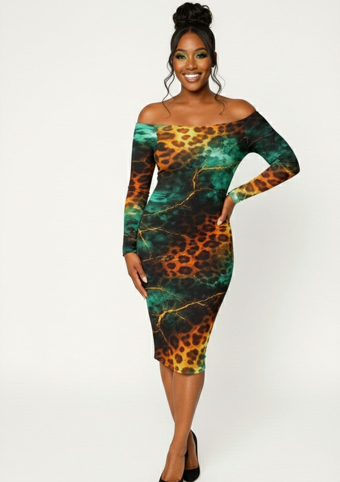 Malachite Leopard" Off The Shoulder Dress Urban Era Customs